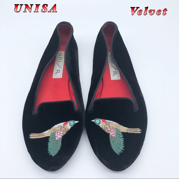 Unisa Shoes - Unisa-Black Velvet Embrodered Bird Ballet Flat 6.5